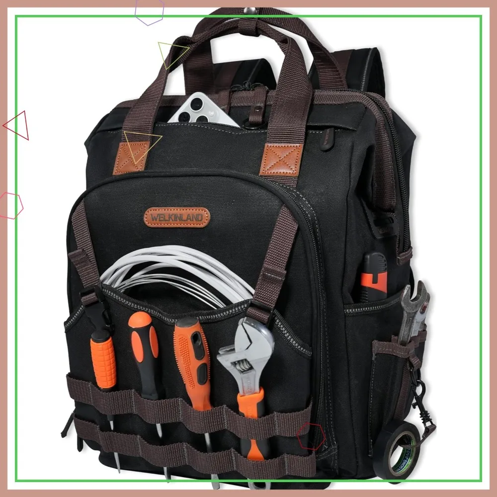 

88-Pockets Waxed Canvas HAVC Tool Backpack, Heavy-Duty Electrician Tool Bag, Open-Top Technician Backpack for Construction