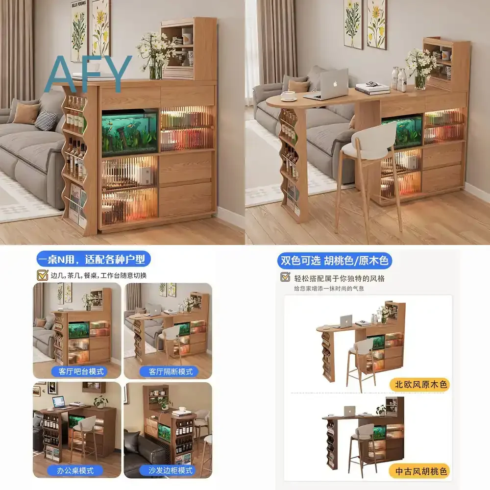 Nordic Solid Wood Extendable Home Bar Table Dining Sideboard Combined Japanese Style Narrow Island Counter Living Room