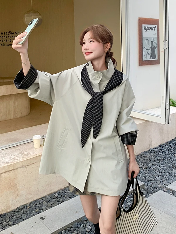 

Plaid Patchwork Hooded Women's Jaet Casual Korean Sle Spring Autumn New Arrival ort Coat Comfortable Large Size Coat