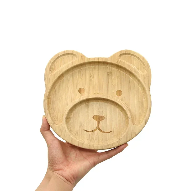 WOLIFE Baby Cartoon Animal Pattern Bamboo Tableware with Silicone Base Suction Cup Kids Feeding Tableware Bamboo Plate Non-slip