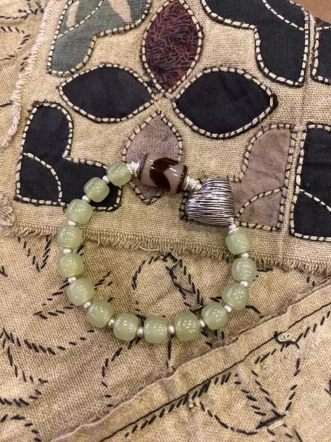 Picture 4: Light Green Chalcedony Dzi Bead Bracelet