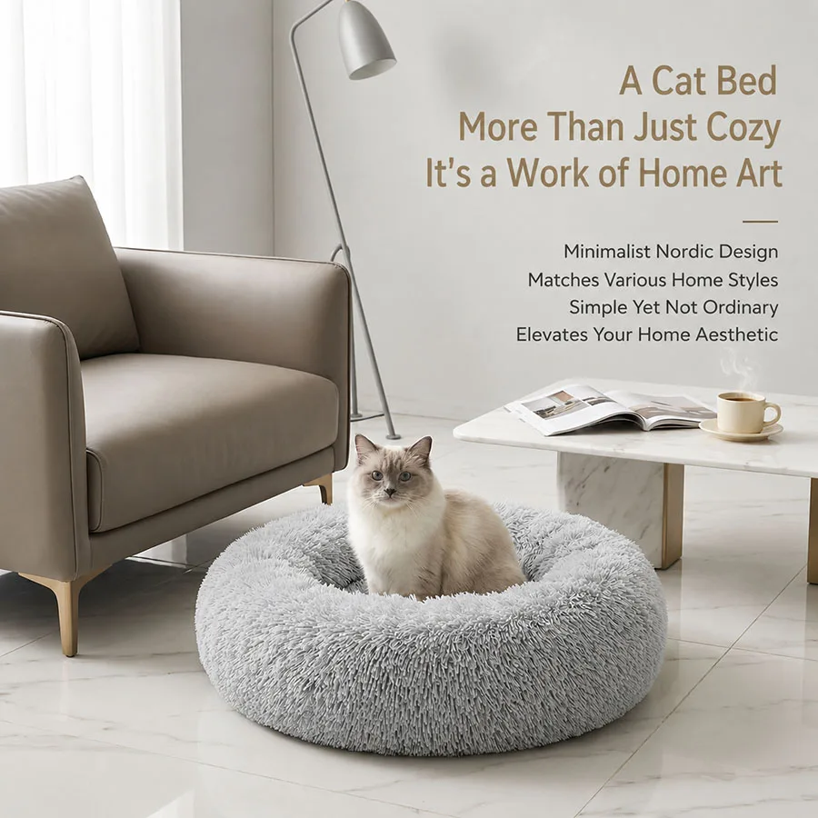 Cama redonda de felpa para gatos y perros pequeños, nido lavable - imagen 5