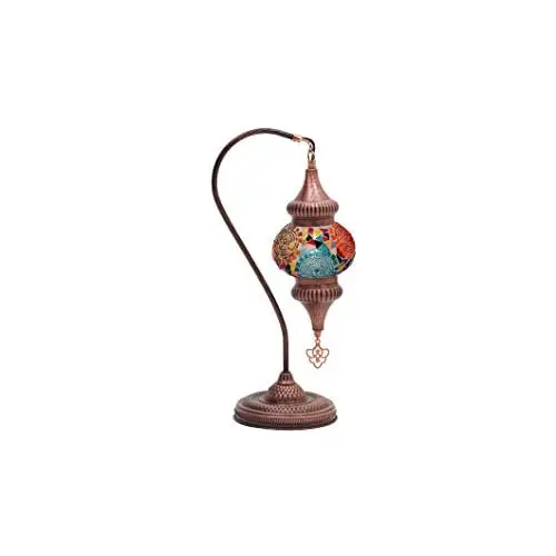 LaModaHome English Moroccan Handmade Mosaic Glass Swan Neck Table Lamp Light with Decorative Copper Fixture for Bedroom, Livingr