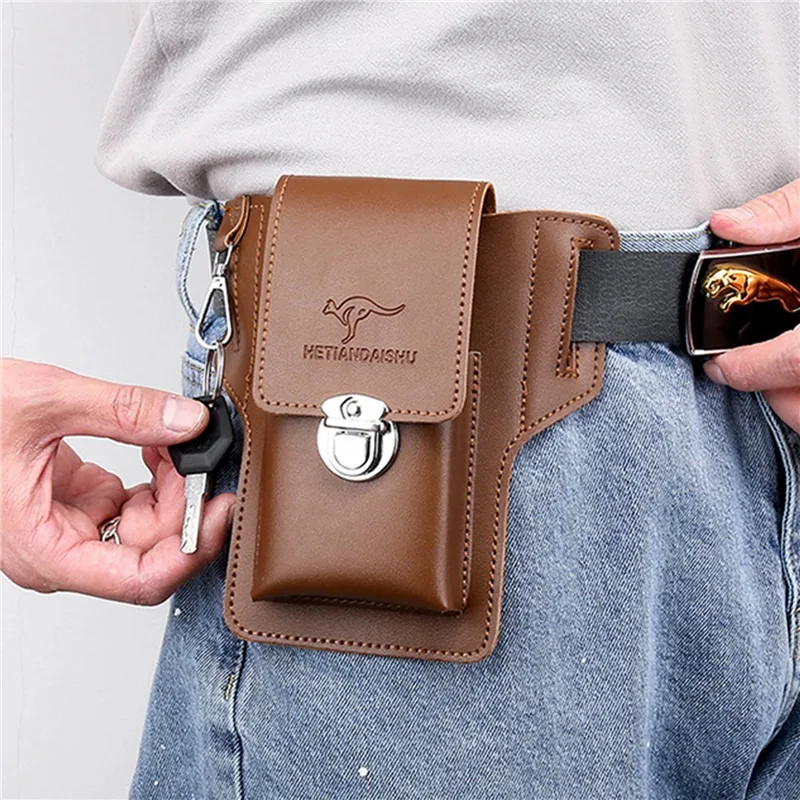 Leather mobile phone bag set men\'s fanny pack key vertical summer men\'s work site wearing a belt around the waist bag.