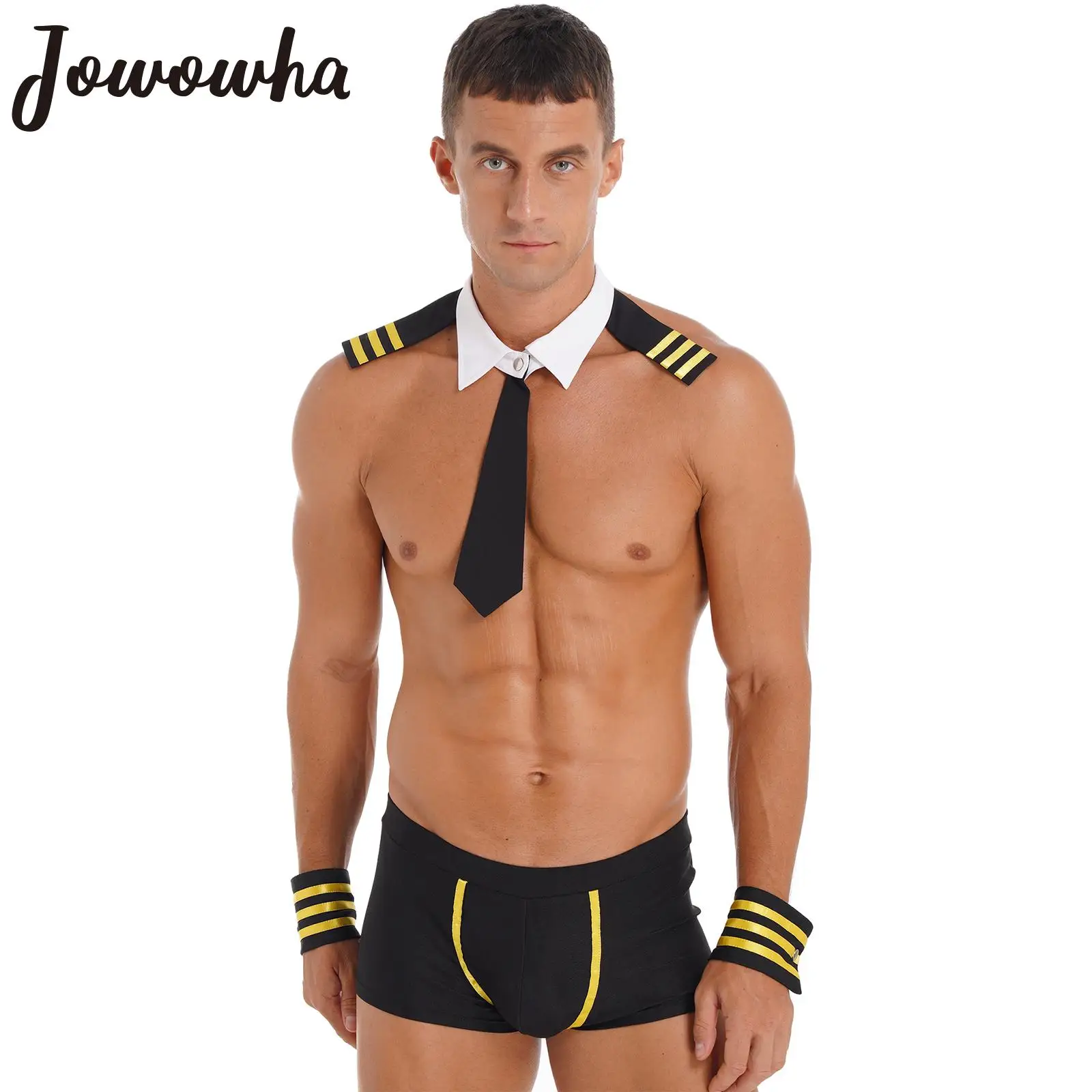 

Men Sexy Sailor Costume Halloween Party Captain Cosplay Uniform Lingerie Necktie Collar Boxer Shorts with Cuffs Role Play Outfit