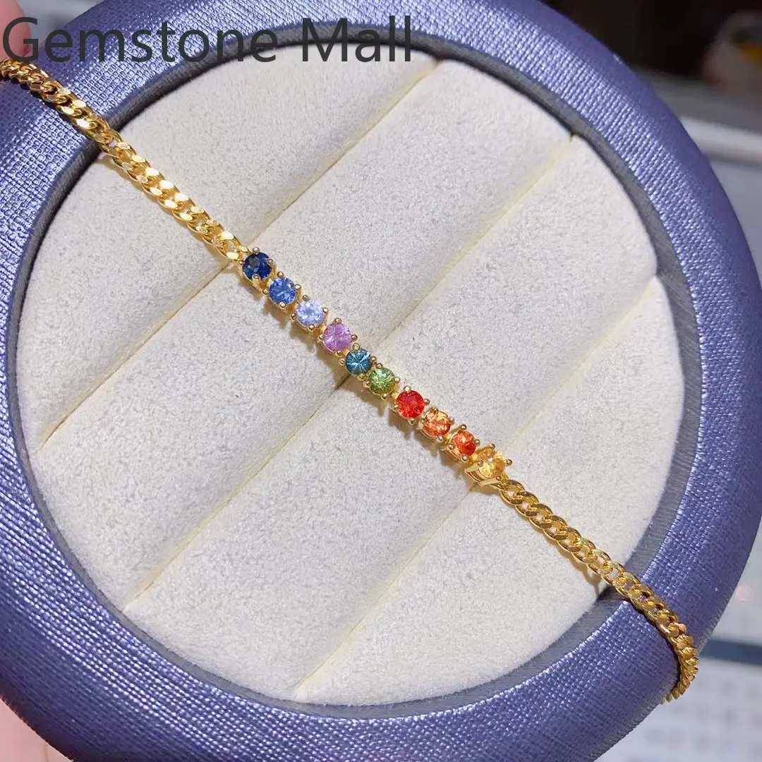 Natural Multicolor Sapphire Bracelet 3mm 9 Pieces Total 0.9ct Sapphire 925 Silver Bracelet with 3 Layers 18K Gold Plating