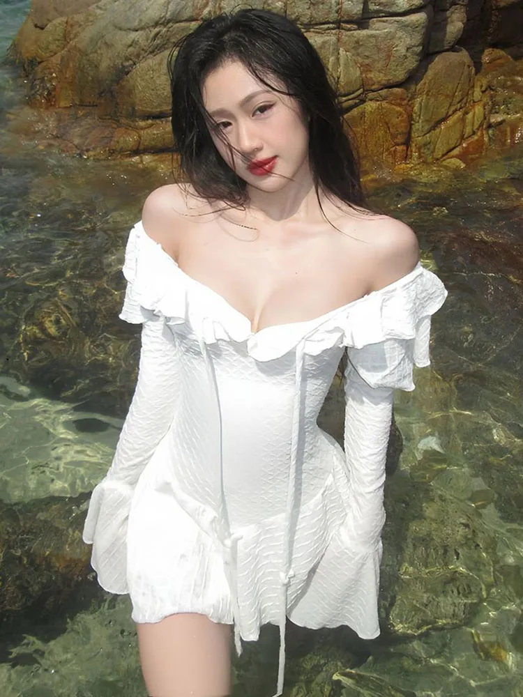 

Weird Puss Textured Bell Sve One oulder Dr Women's High Waist Long Sve ort Dr Pure Color Summer Faion