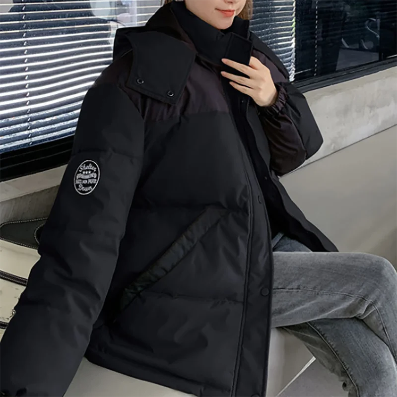 

Elegant Female Thicken Bread Jacket Patchwork Color Hooded Stand Collar Parkas Winter Fashion Loose Casual Women Cotton Coat