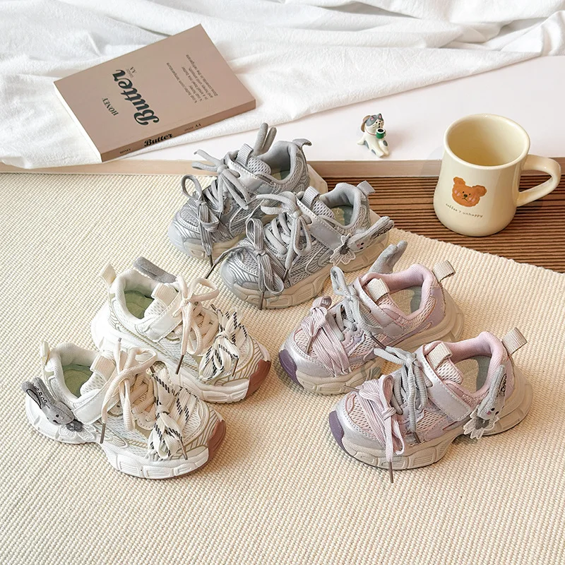 

Кроссовки для девочек с милым кроликом, кроссовки для девочек, дышащая сетка, осень 2023, новая детская спортивная обувь с мягкой нескользящей подошвой