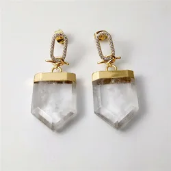 FUWO 1Pair Handcrafted Cubic Zircon Clear Quartz Earrings,Golden/Silver Plated Natural White Crystal Jewelry For Women ER211CZ