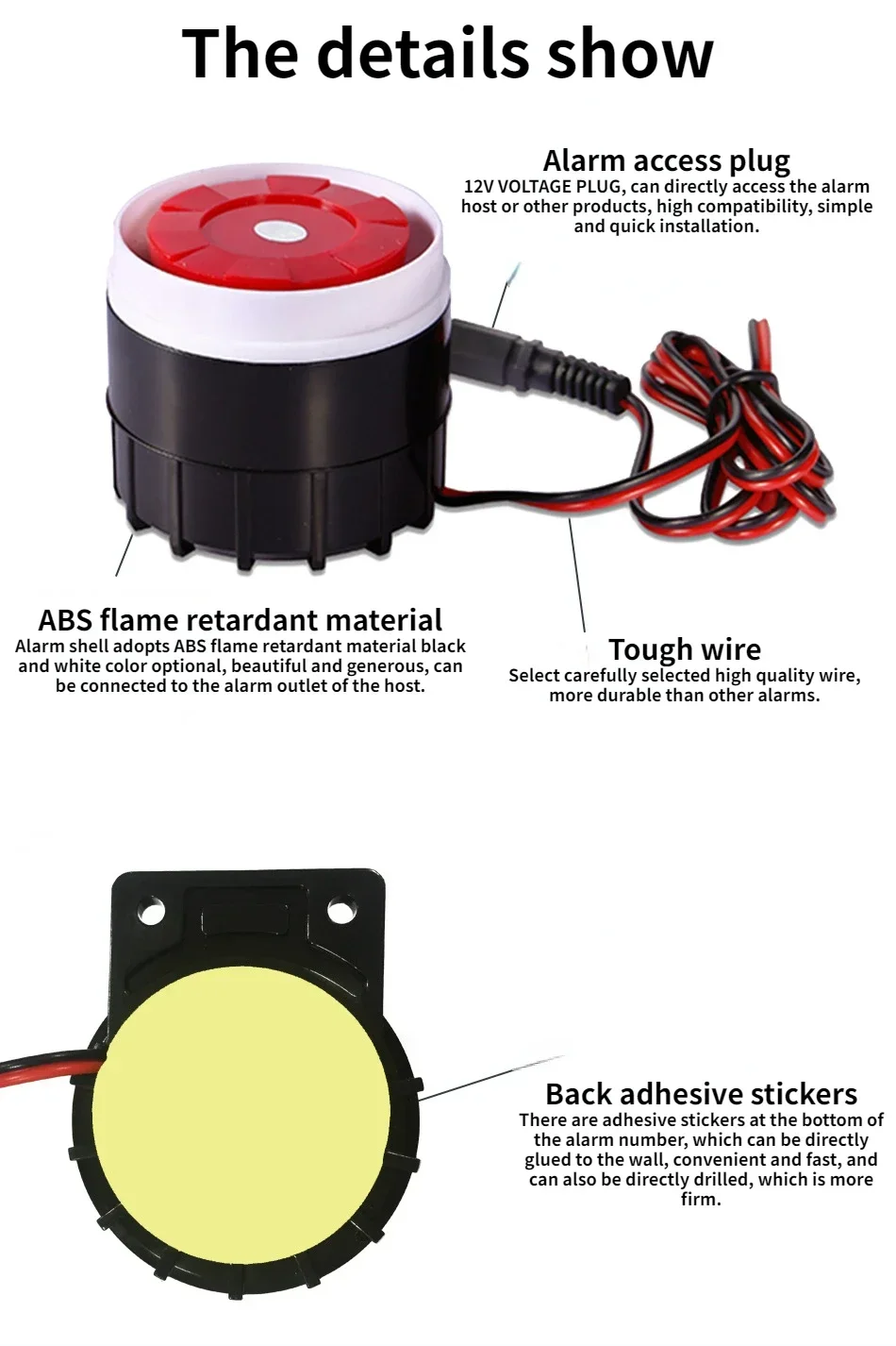 Mini kablolu 120dB yüksek sesle siren korna ev güvenlik için sesli alarm sistemi DC12V ses jakı koruması ev için 72cm kablo