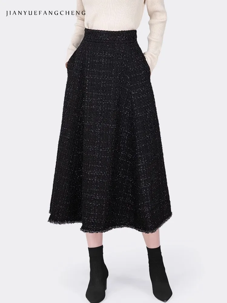 Fashion Blended Black Coarse Woolen Skirt For Autumn Winter Seasons High Waist A-line Female Plaid Long Skirts