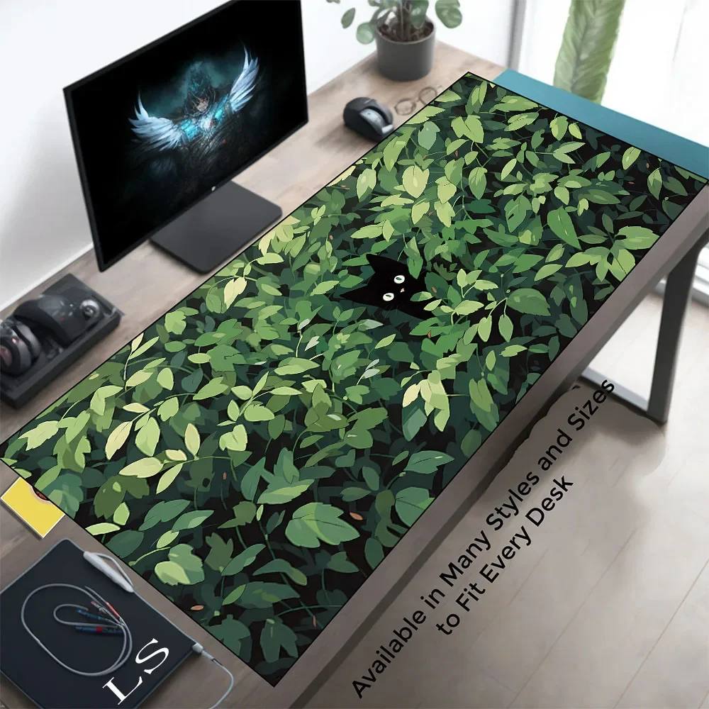 

Cute Green Desk Mat Kawaii Black Cat Mousepad Aesthetic Plants Nature Laptop Rug Round Mousepad Large Gaming Deskmat Mouse Pad