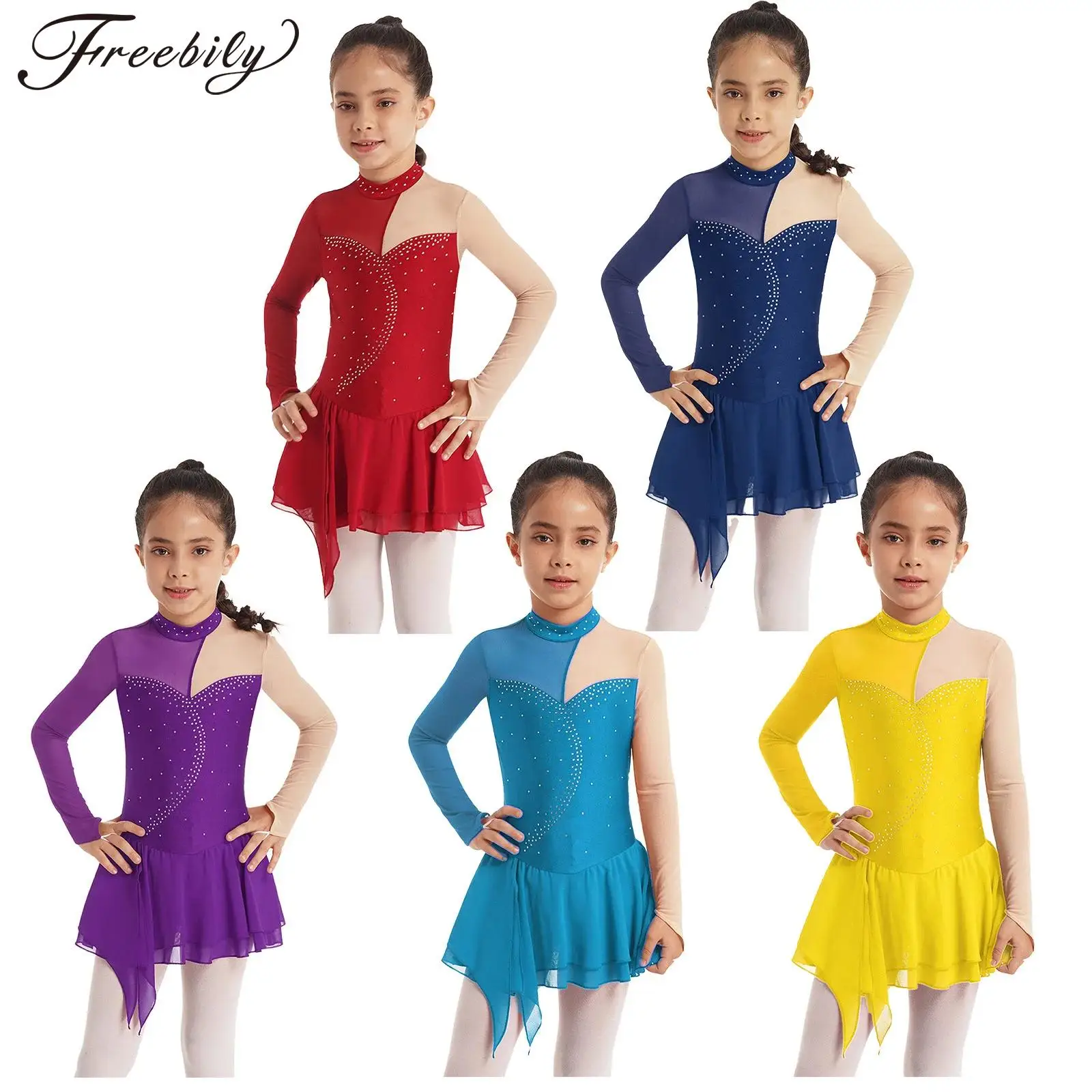 

Kids Girls Ballet Gymnastics Leotard Tutu Dress Long Sleeve Shiny Rhinestone Dancewear Figure Skating Dance Performance Costume