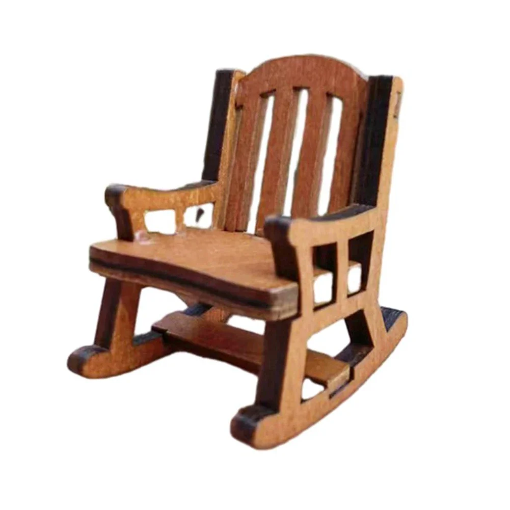 1pc Wooden Rocking Chair Scene Model Micro Landscapes Mini Chair Home Chair Figurines Miniature Stools