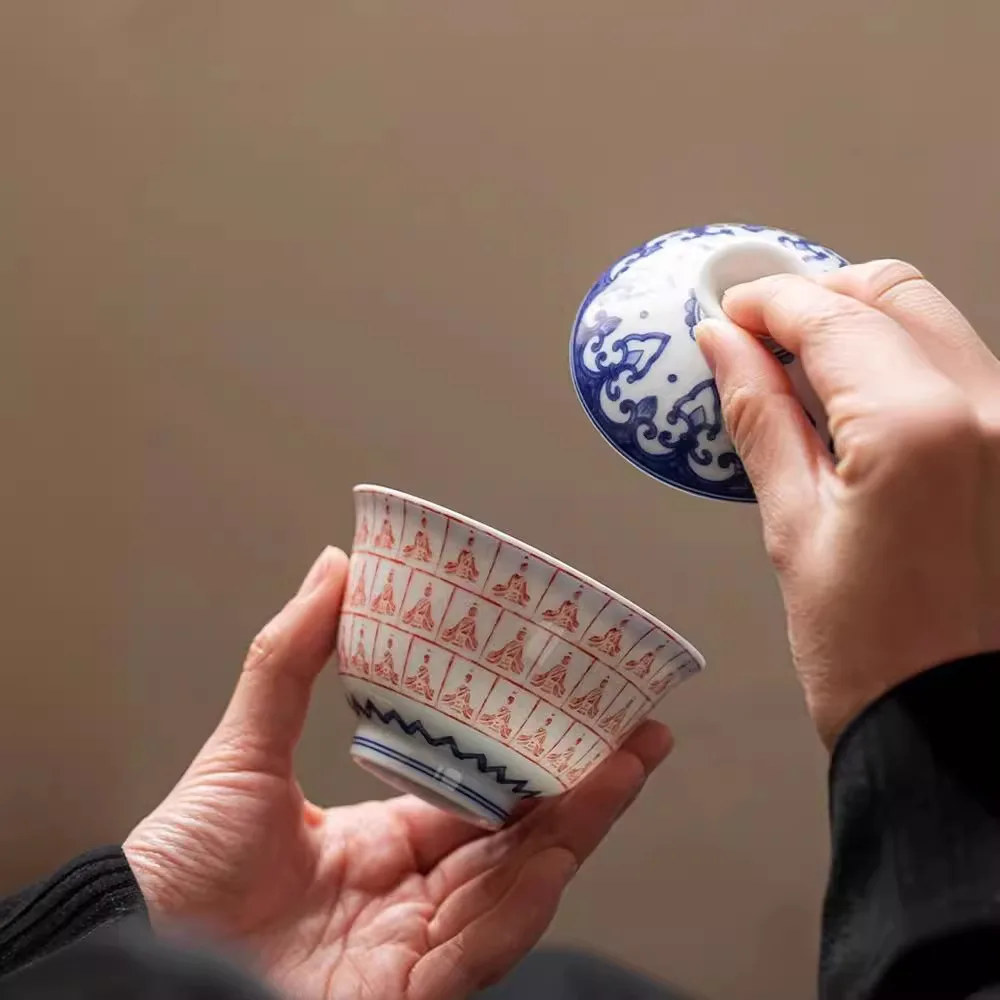 

Цзиндэчжэнь керамический Ercai Tureen Dunhuang Тысяча Будды красный втирающий синий и белый подглазурный набор Hover чаша для заваривания