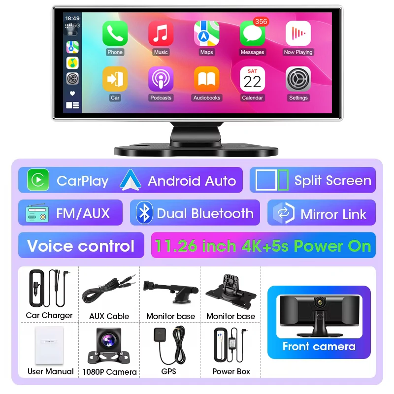 11,26 inch auto DVR 4K Dash Cam Dual Lens Draadloos Carplay & Android Auto Video Recorder Monitor GPS-navigatie 5G Wifi FM AUX