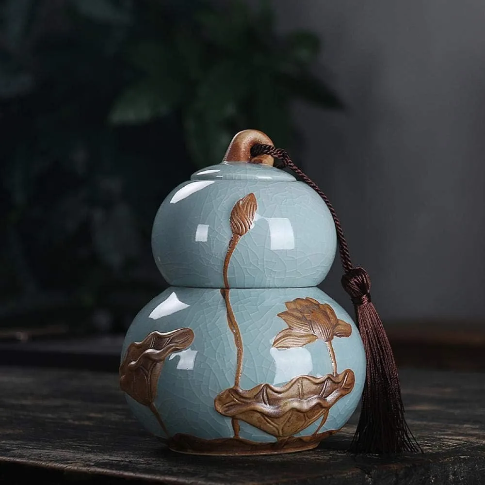 Airtight Lid Ceramic Tea Container Food Storage Jar Porcelain Caddy Gourd Sealed Loose Tea Tin Kichen for Coffee Sugar Nuts Herb