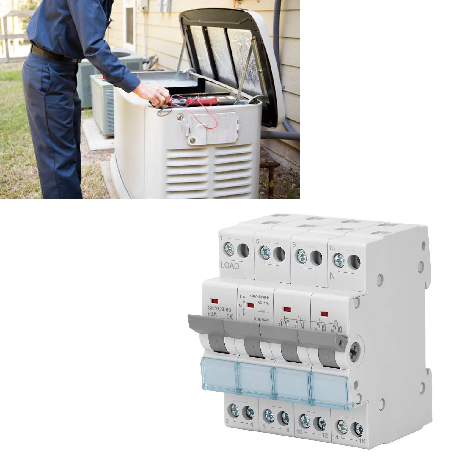 Interlock Circuit Breaker Dual Power Manual Transfer 63A Silver Alloy Contacts 3 Color Indicator Window for Household