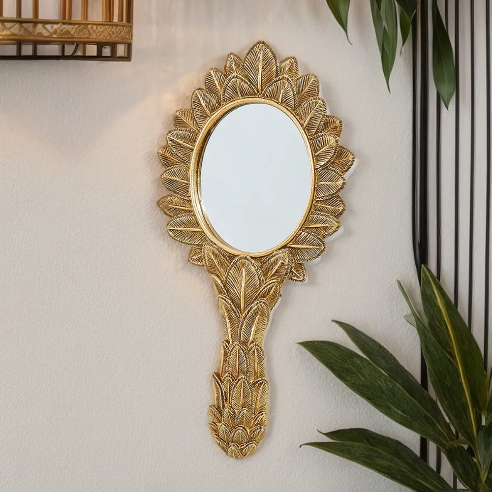 Retro Goldblatt-Relief Modellierung Französische Luxus-Federschnitzerei Wanddekoration Hängespiegel Wohnaccessoires