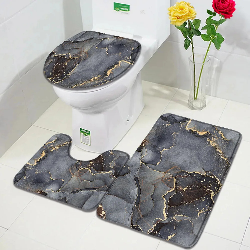 Black Marble Bath Mats Sets Gold Grey Lines Creative Abstract Geometric Art Home Bathroom Decor Rugs Anti-Slip Toilet Lid Cover