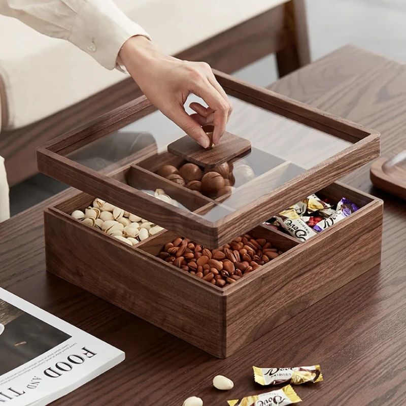 

Solid Wood Fruit Box Elegant Candy Holder Nut and Dried Snack Compartment with Lid Dining Table Centerpiece Rustic Dining