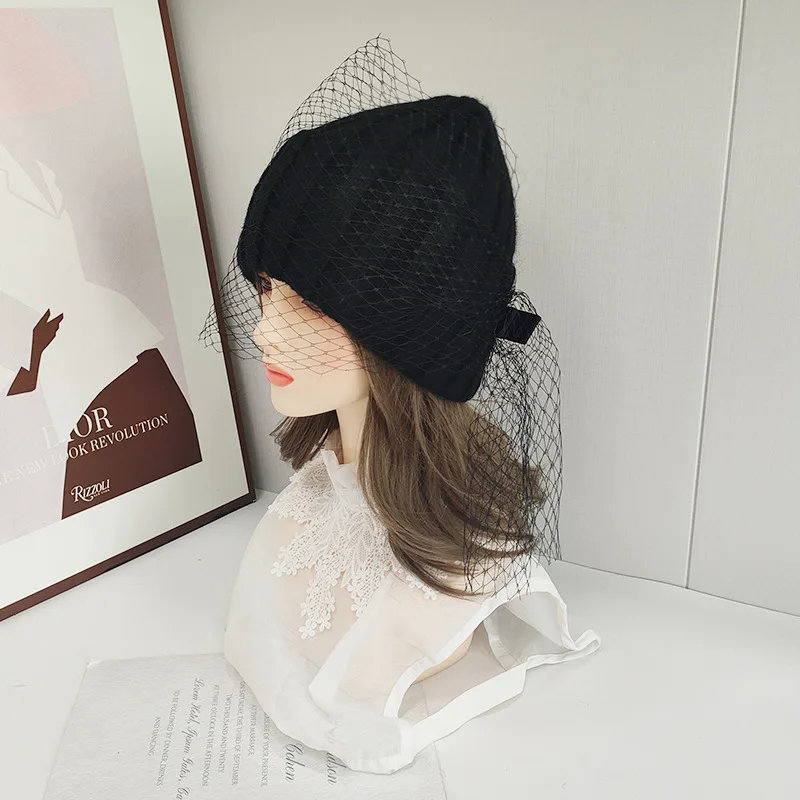 قبعة الحجاب النساء الشتاء الأنجورا قبعة متماسكة أسود أبيض دافئ ملحق للطقس البارد الخريف الرياضة التزلج في الهواء الطلق الطرف