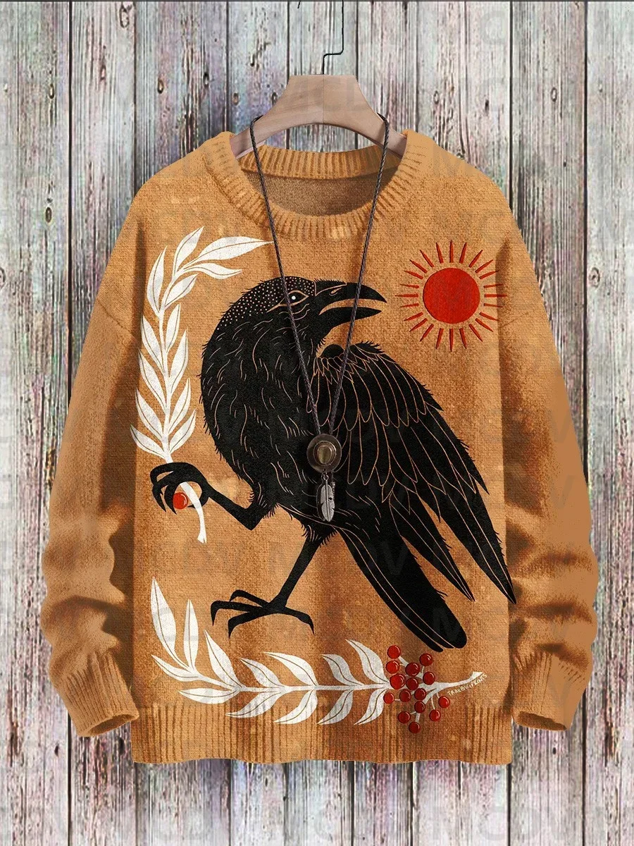 

Crow Art Print Pullover Knitted Sweater Women For Men Sweater Halloween