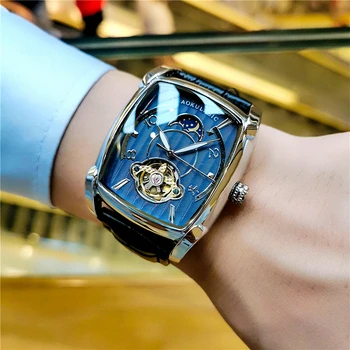 Tonneau Moon Phase Automatic Watch for Men Luxury Brand Tourbillon Skeleton Mechanical Wat