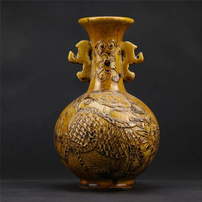 Qing Dynasty Guangxu Period Yellow Glaze Embossed Kirin Pattern Double Ear Vase Antique Porcelain Decorative Ornaments