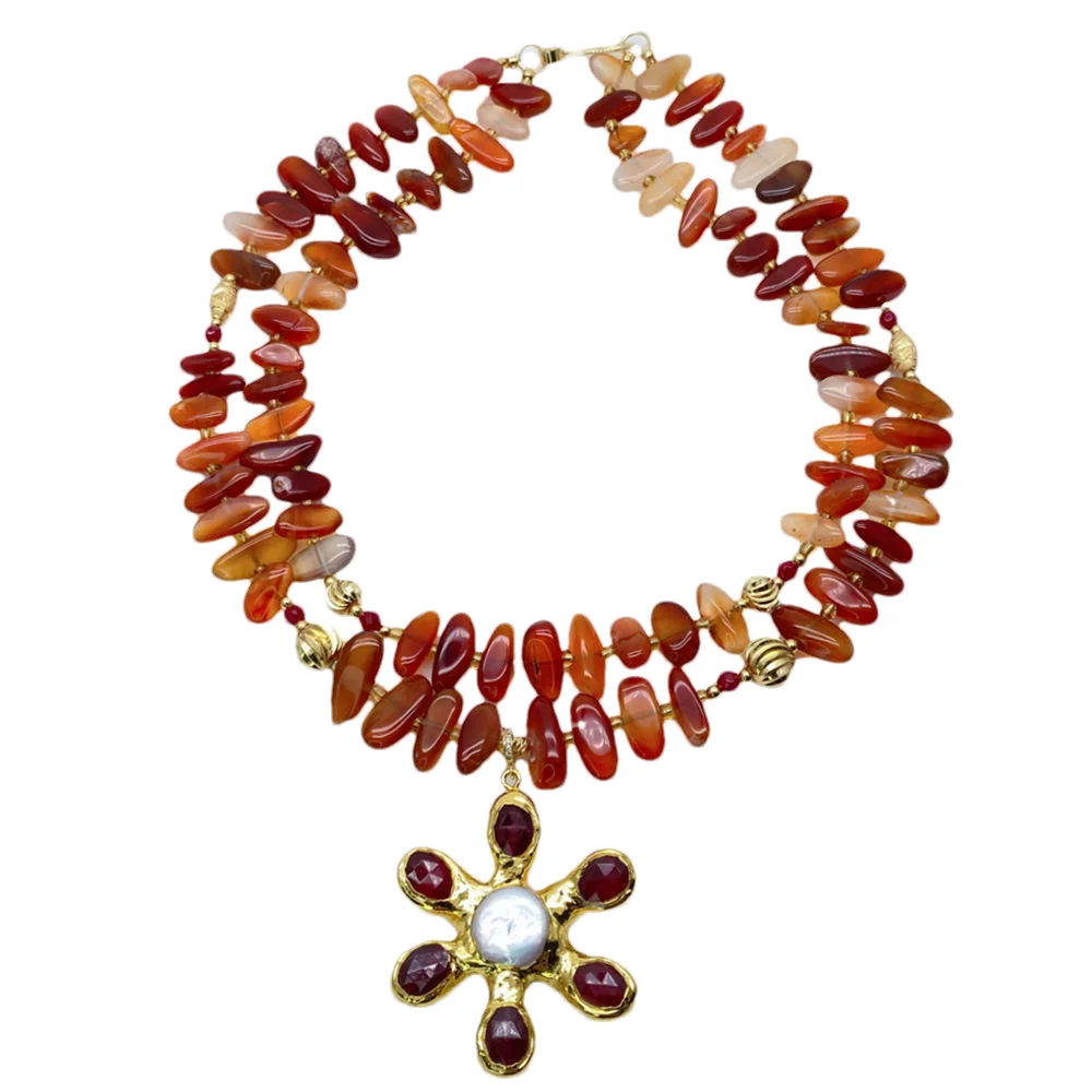 

Y·YING 2 Rows Natural Red Agate Choker Necklace Coin Pearl Crystal Flower Pendant Handmade Gemstone