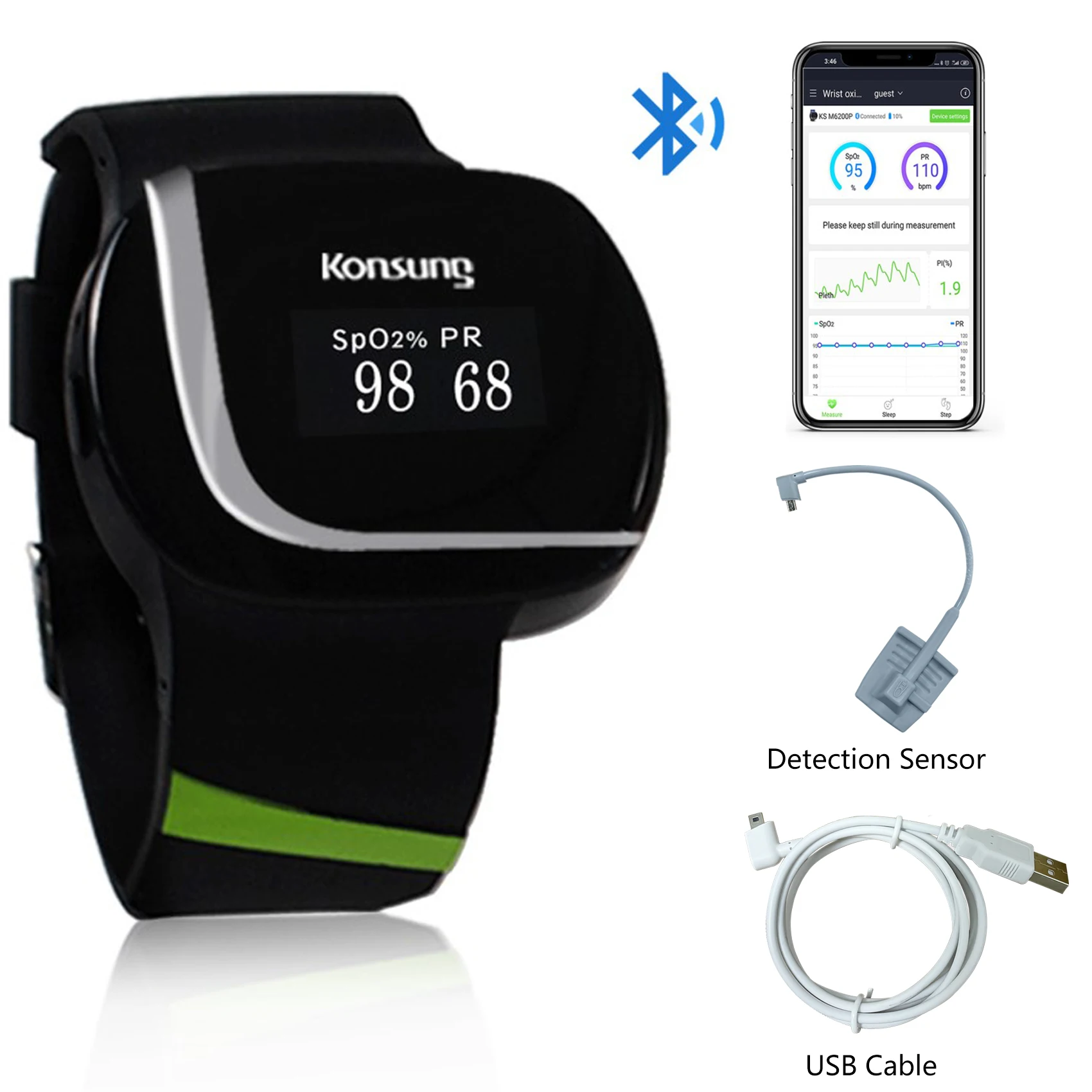 Konsung Wrist Pulse Oximeter Rechargeable Oxygen Monitor with APP Overnight Tracking for SpO2 & PR Sleep Apnea Alarm W01LT