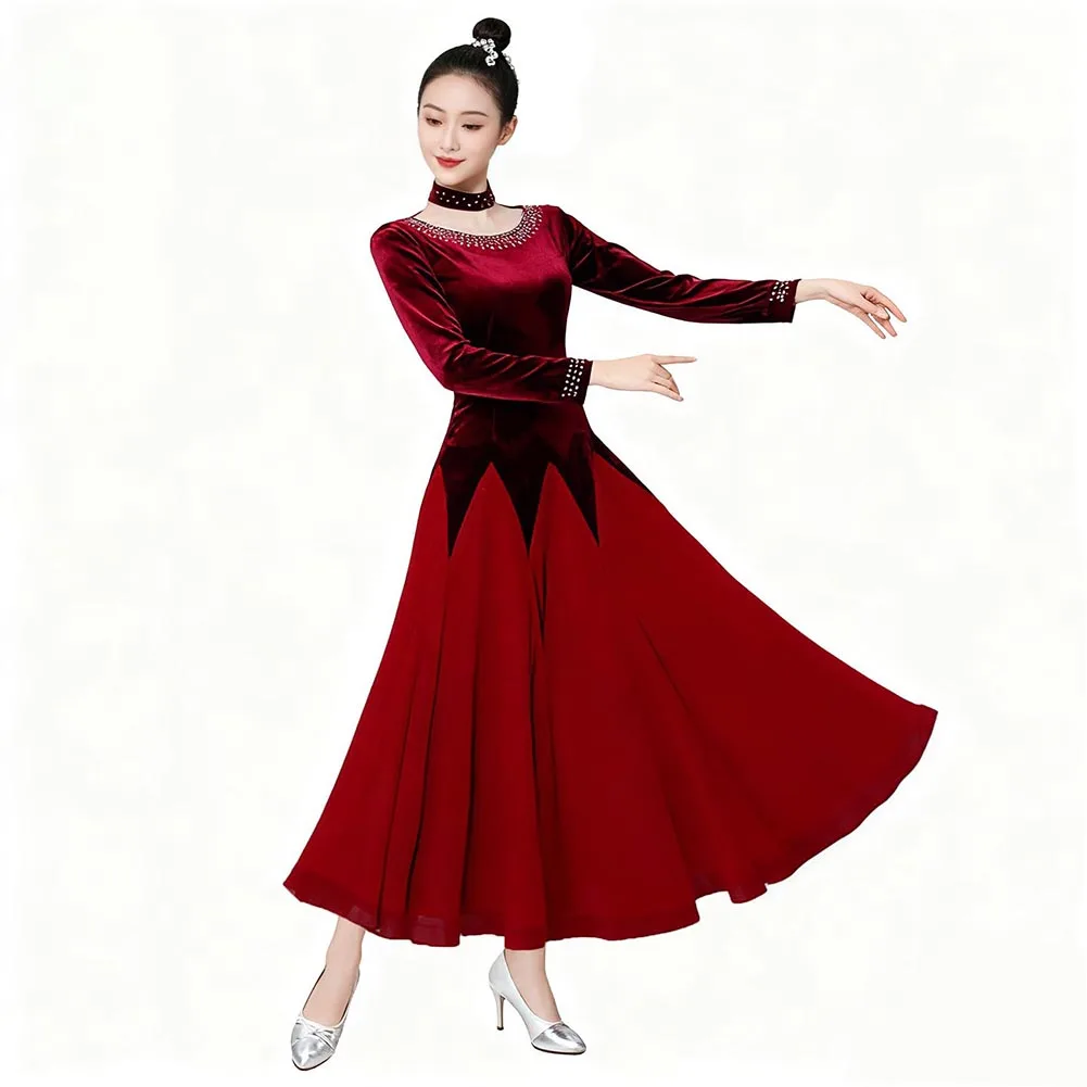 

Платье для соревнований по современным танцам, темно-зеленое женское платье для выступлений, вальса, женское золотое бархатное осенне-зимнее тренировочное платье со стразами