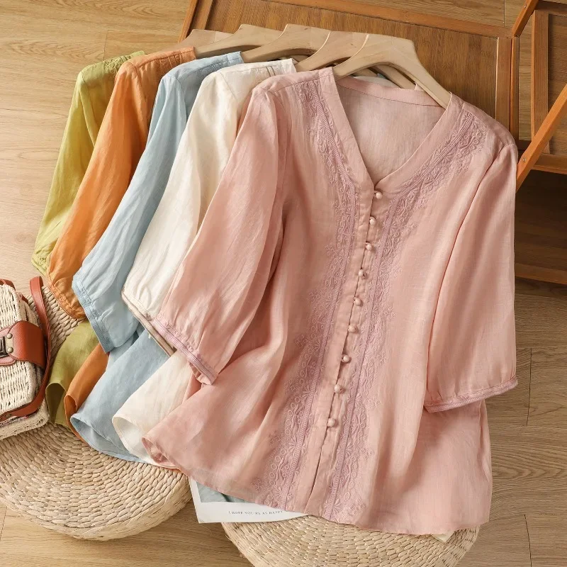

Chinese Style Women's Blouse Embroidery Vintage Shirts Fashion Loose Summer Clothing Short Sleeve Cotton Linen Women Tops