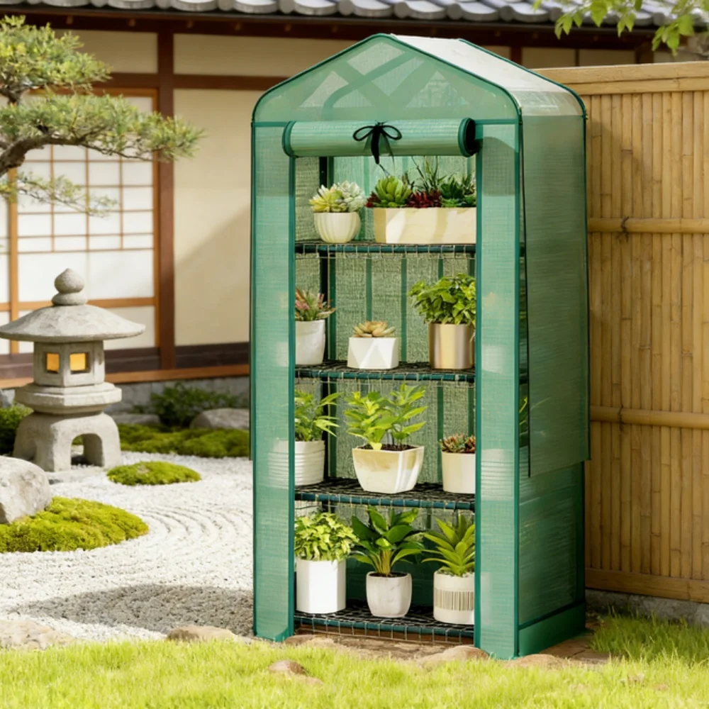 4-Tier Mini Greenhouse with Roll Up Zipper Door, Portable PE Plant Grow Shelf Warm House for Outdoor Backyard Flower Vegetable Seedling Growing