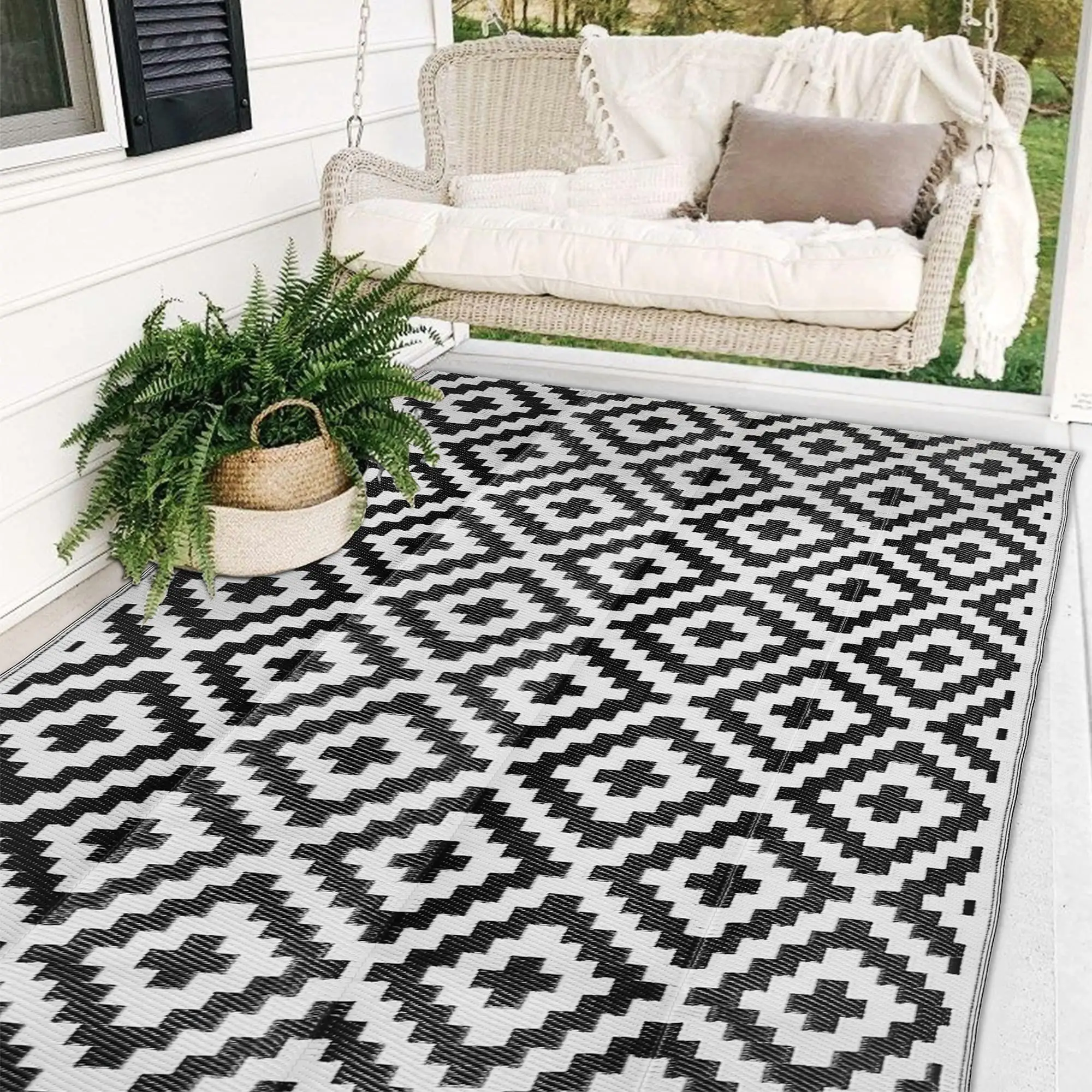 6x9 FT Black & White Camping Rug - Versatile Outdoor Mat for RVs, Porches, Balconies, Picnics & Decks - Indoor/Outdoor Use