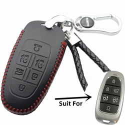 FLYBETTER Leather 6Button Car Key Protector Cover For Hyundai Staria Tucson Santa Fe 2021 2022 2023 2024 Key Case With Keychain