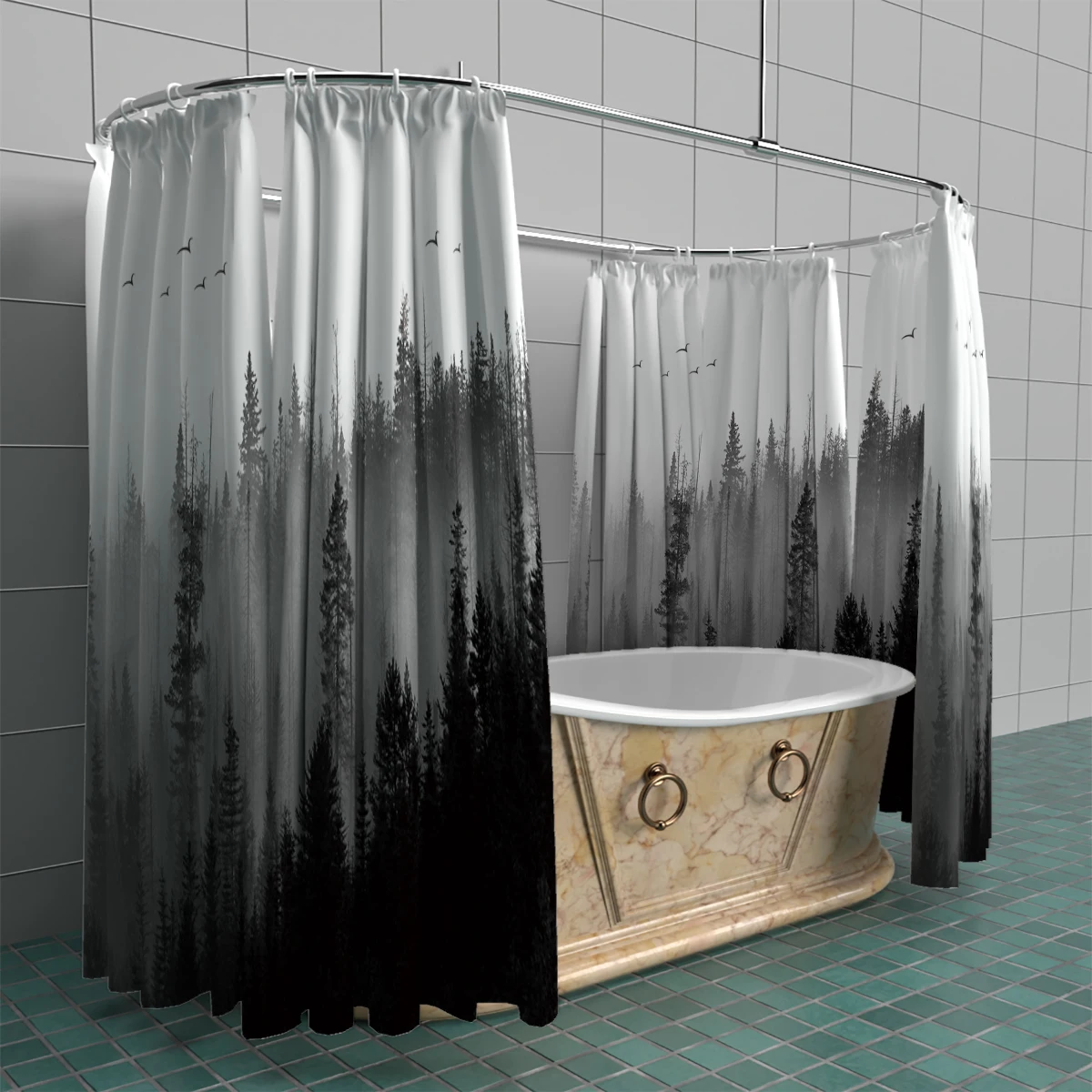 1PC180x180cm Misty Forest Landscape Shower Curtain with Hook, Partition Waterproof and Anti Mold Decorative Bathroom