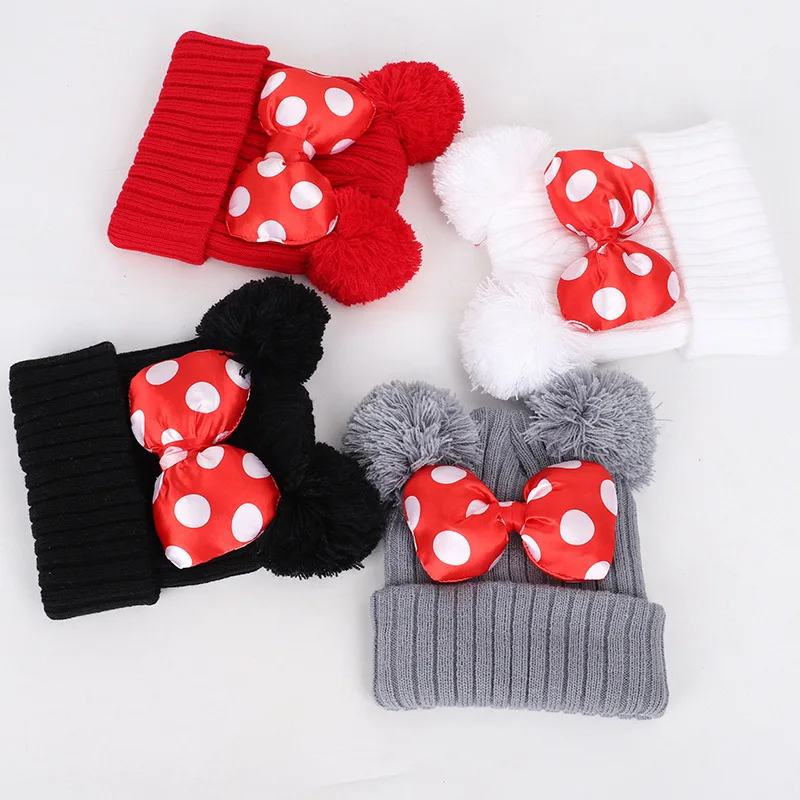 Disney Minnie Bow Children\'s Knitted Hat Cartoon Mickey Boys And Girls Winter Solid Colour Warm Christmas Gift