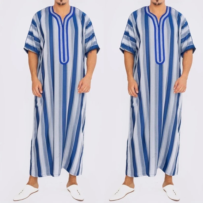 Manto muçulmano listrado de manga curta masculino, vestido do Oriente Médio, Jubba Thobe, kaftan caftans árabe saudita, roupa tradicional muçulmana