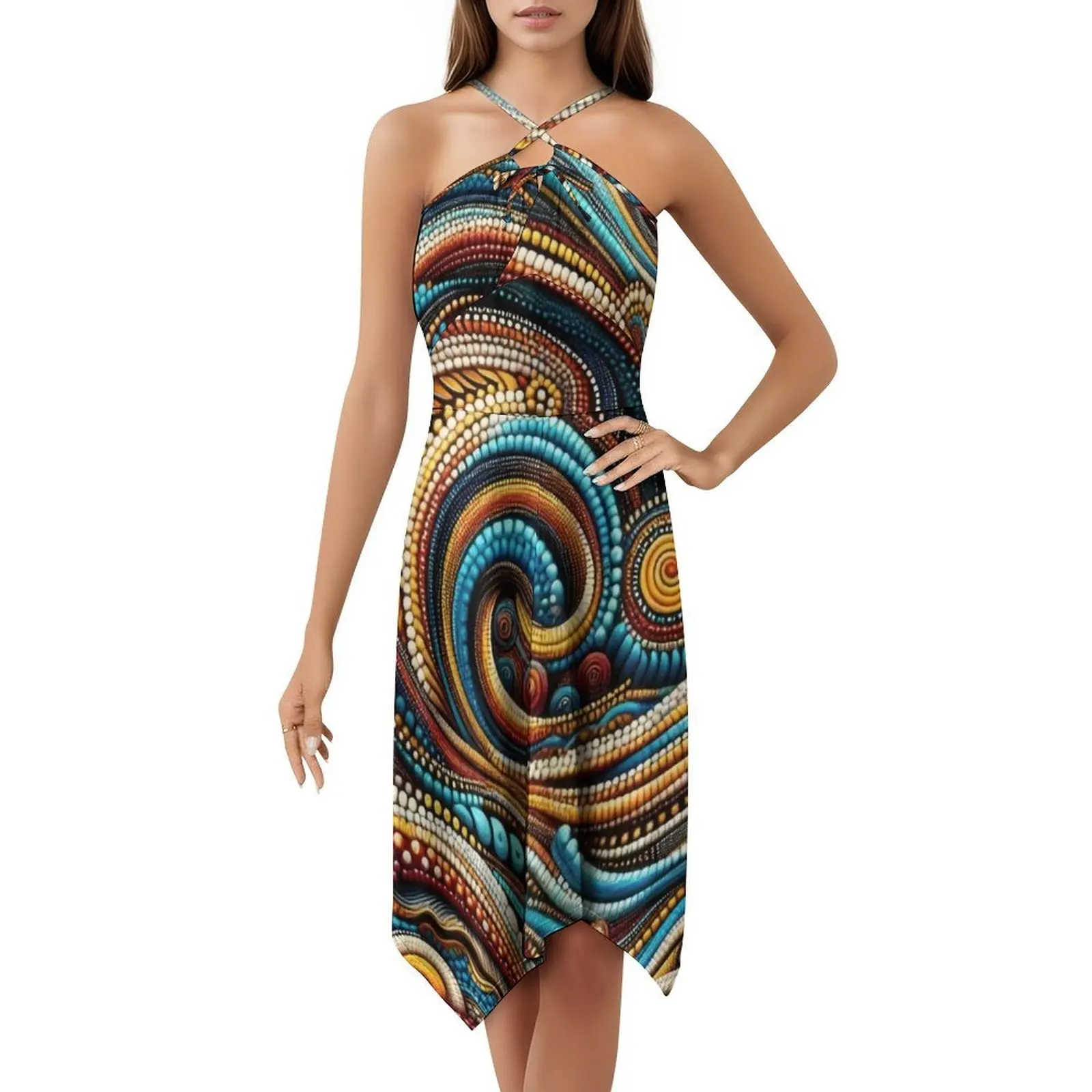 موجات مجردة. نمط اللوحة المنقطة. فستان بوهيمي عتيق من السكان الأصليين بأكمام منتفخة أو خيارات بلا أكمام لفستان النساء