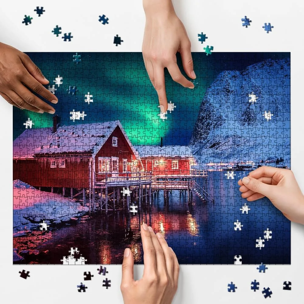 A Small Town Under The Aurora Jigsaw Wooden Puzzle 1000/500/300pcs for Gameroom Bedroom Home Decor Birthday Holiday Party Gift