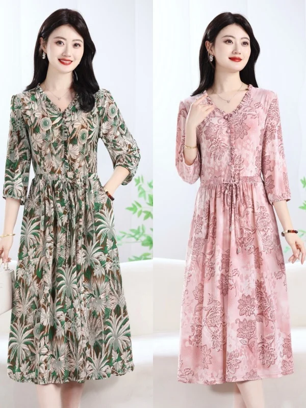 

2026 New V-Neck Print Midi Dress Slim Fit Polyester Fiber Seven-Sleeve Women's Clothing Mom's Style Long Skirt Floral Pattern