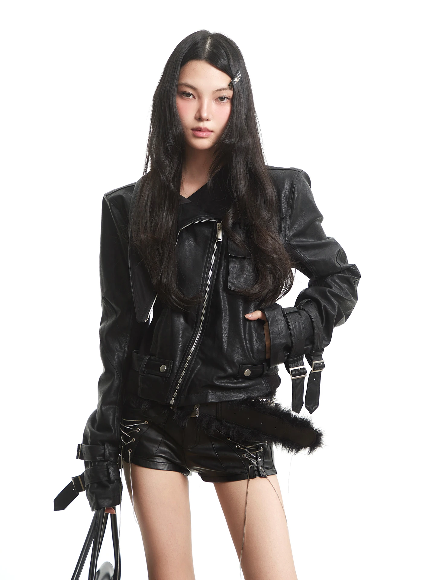 Bla Punk Sle Women's Slim Fit Leather Jaet ort Biker Jaet High Street Autumn Faion UNCMHISEX Neutral Wind