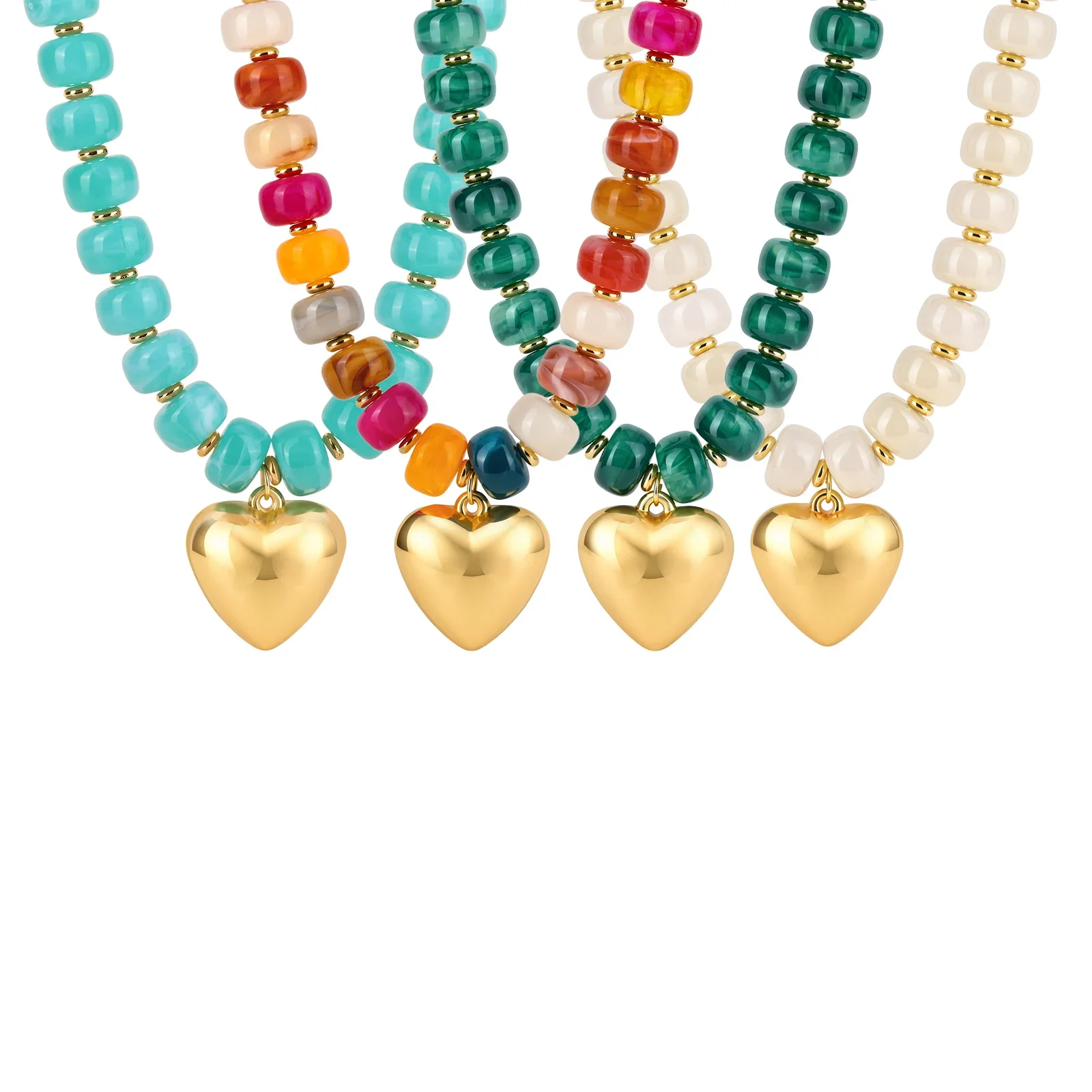 Resin Barrel Bead Necklace Choker for Women, Chunky Puffy Gold Plated Heart Pendant, Summer Beach Statement Y2K Jewelry