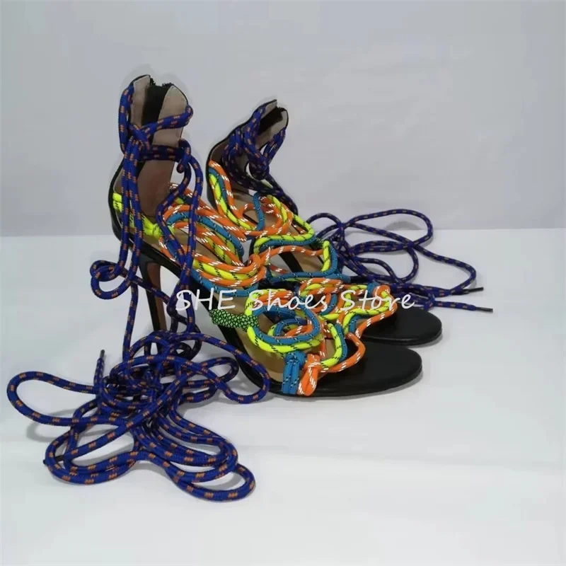 

Bohemia Style Colorful Rope Straps Knot Women Sandals Peep Toe High Heel Lace-Up Pumps Ladies Outside Summer Beach Shoes