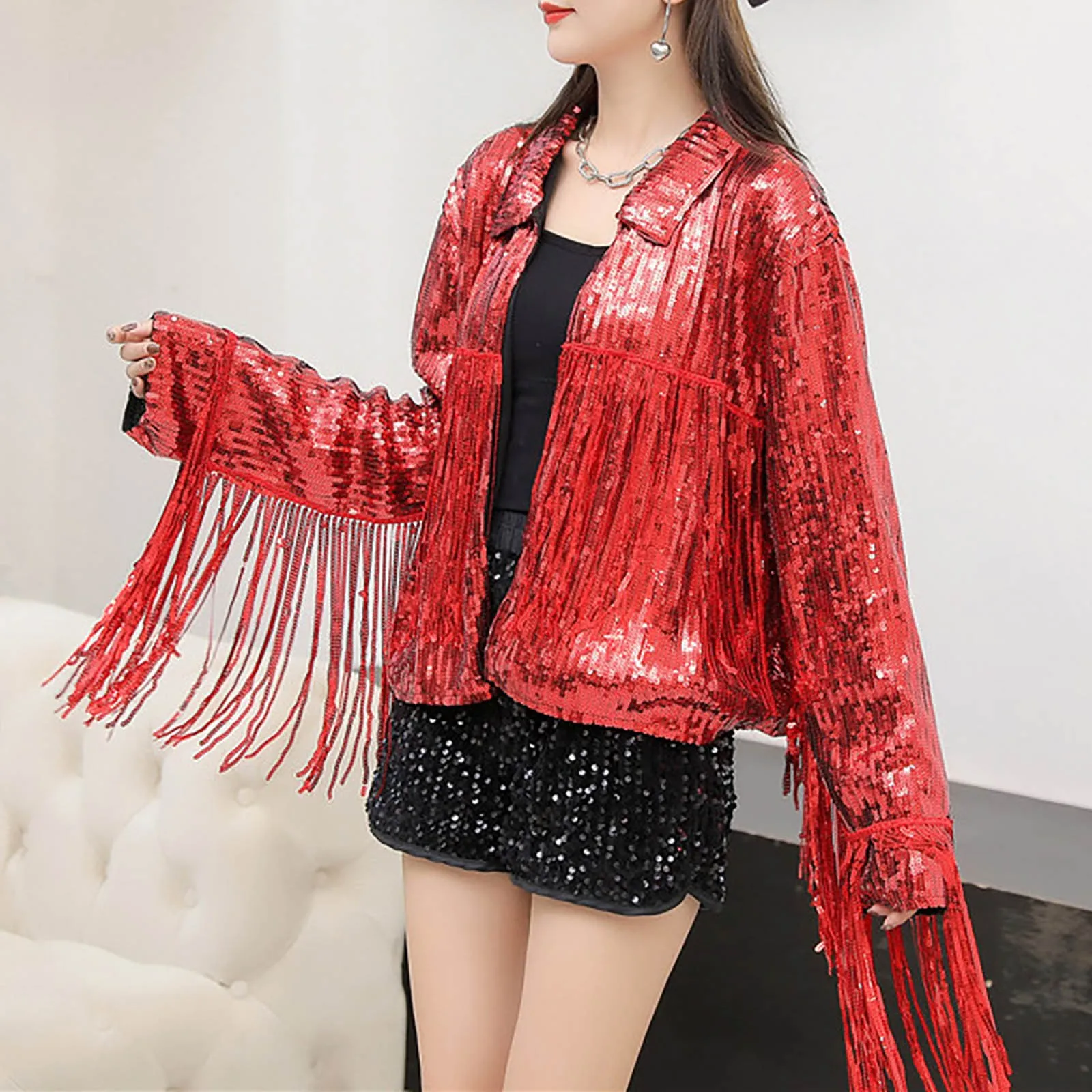 Women‘s Club Short Coat Comfy Versatile 2024 Autumn Winter Streewear Rock Bf Retro Long-Sleeve Jacket Sequins Tassel Outwear Top