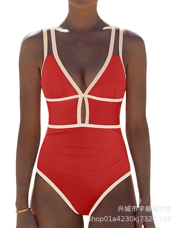 2026 Color Block One Piece Swimsuit Women Slimming Swimwear Beach Vacation Summer Corset Bodysuit Open Back Outfits Swimsuit New