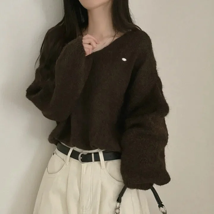 

Chic Women's Loose V-Ne Knitwear Furry Autumn Winter Faion Simple Lazy Sle Versatile Slimming Long Sve Top