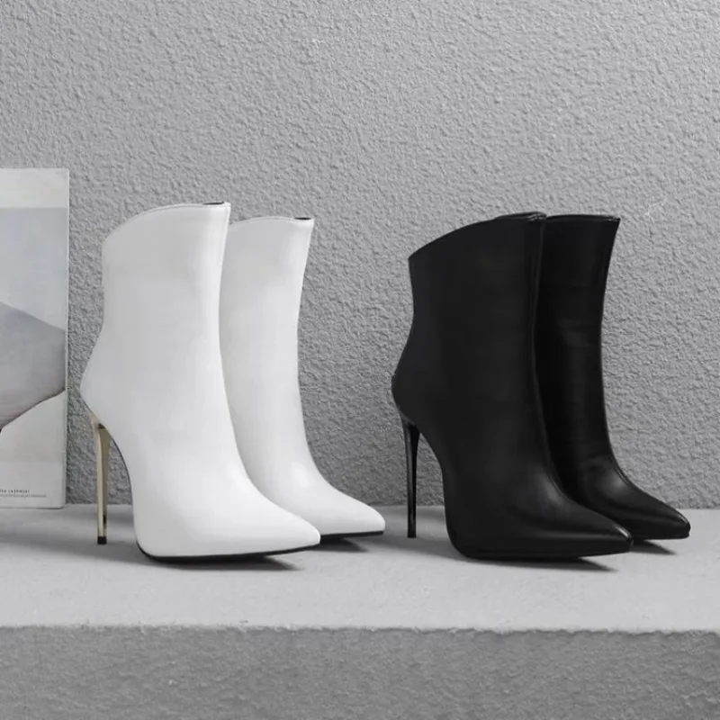 

2025 женские ботинки, пикантная обувь, женские черно-белые пикантные ботильоны с острым носком на высоком каблуке 12 см, зимняя официальная обувь 34-48